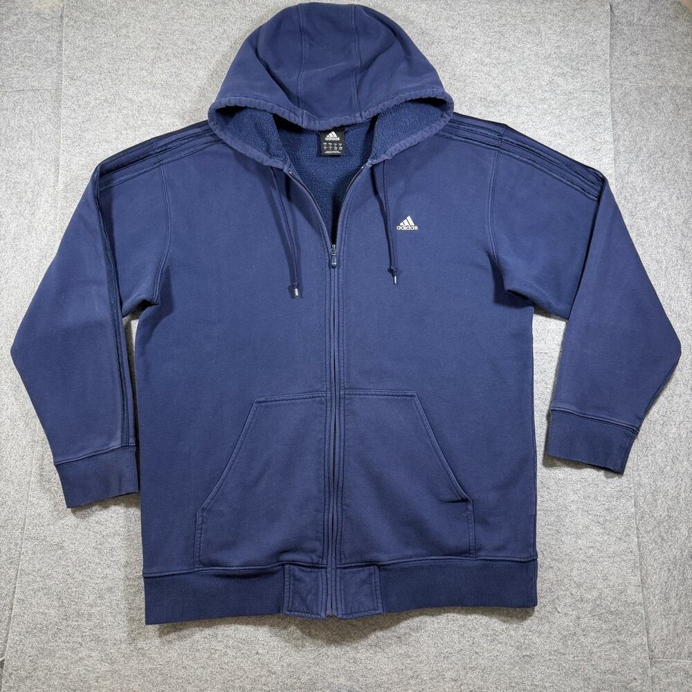 Vintage Y2K Adidas Full Zip Hoodie Mens L Navy Blue Fleece Lined Hood 3 Stripe